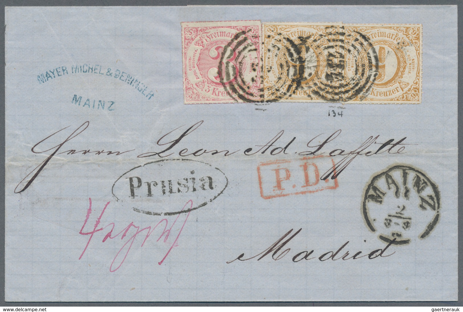 Thurn & Taxis - Marken Und Briefe: 1866, 21-Kreuzer-Frankatur Nach Spanien, Bestehend Aus 3 Kr. Karm - Autres & Non Classés