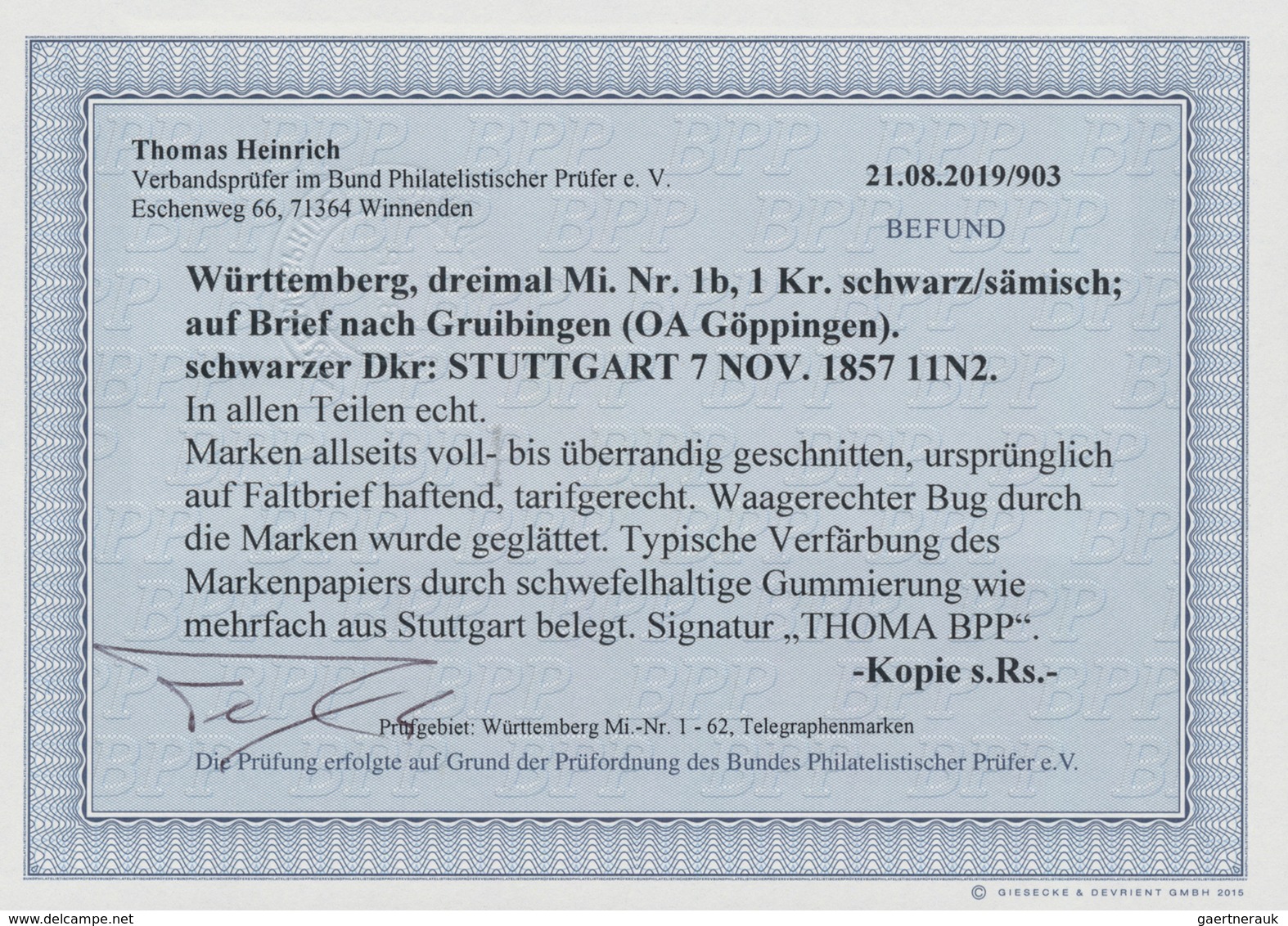 Württemberg - Marken Und Briefe: 1851, 1 Kr Schwarz Auf Sämisch, Drei Waagerecht Leicht übereinander - Altri & Non Classificati