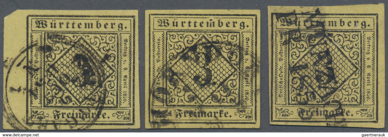 Württemberg - Marken Und Briefe: 1851, 3 Stück 3 Kreuzer Schwarz Auf Gelb Mit Besseren Stempeln DKr - Altri & Non Classificati