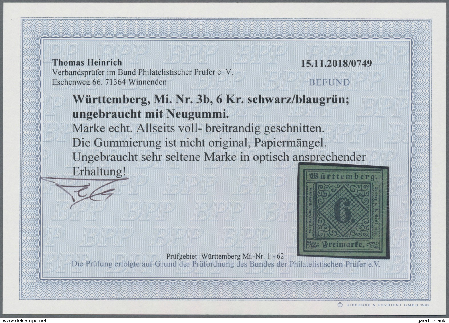 Württemberg - Marken Und Briefe: 1851, Ziffern 6 Kr. Schwarz Auf Blaugrün In Type III Ungebraucht Mi - Andere & Zonder Classificatie