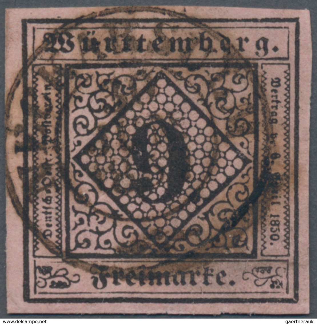 Württemberg - Marken Und Briefe: 1851, 9 Keuzer Schwarz Auf Dunkelrosa Sauber Und Zentrisch Entwerte - Altri & Non Classificati