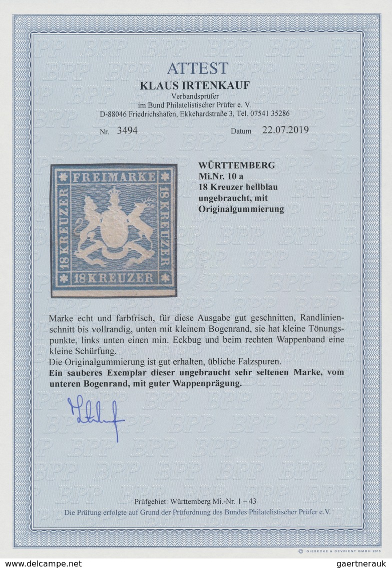 Württemberg - Marken Und Briefe: 1857, Wappen 18 Kr. Hellblau Mit Seidenfaden, Ungebraucht Mit Origi - Altri & Non Classificati