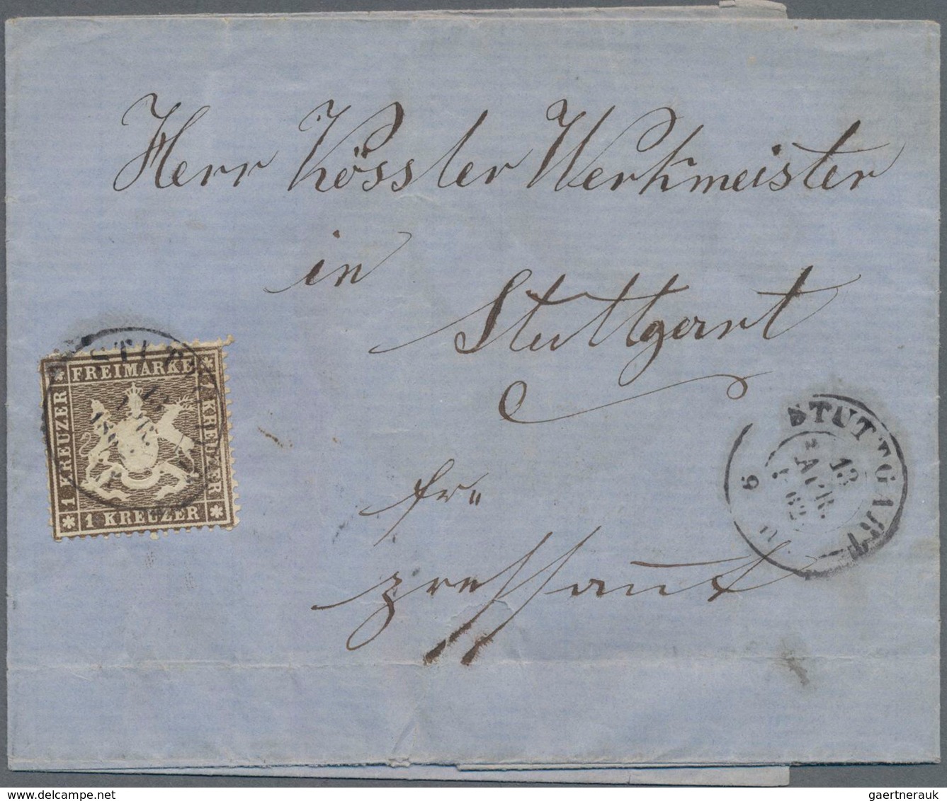 Württemberg - Marken Und Briefe: 1861, 1 Kr. Schwarzbraun Als EF Auf Ortsbrief, STUTTGART, 13. APR. - Altri & Non Classificati