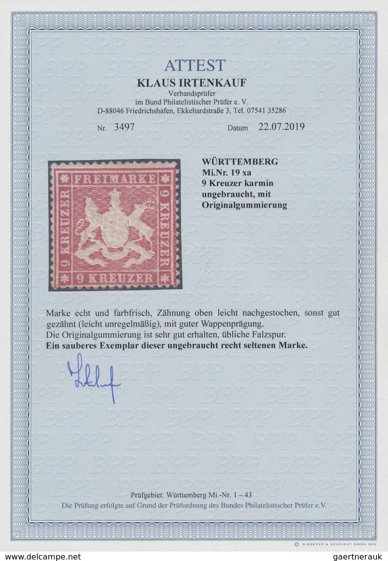 Württemberg - Marken Und Briefe: 1861, Wappen 9 Kr. Karmin, Dickes Papier Eng Gezähnt Ungebraucht Mi - Sonstige & Ohne Zuordnung