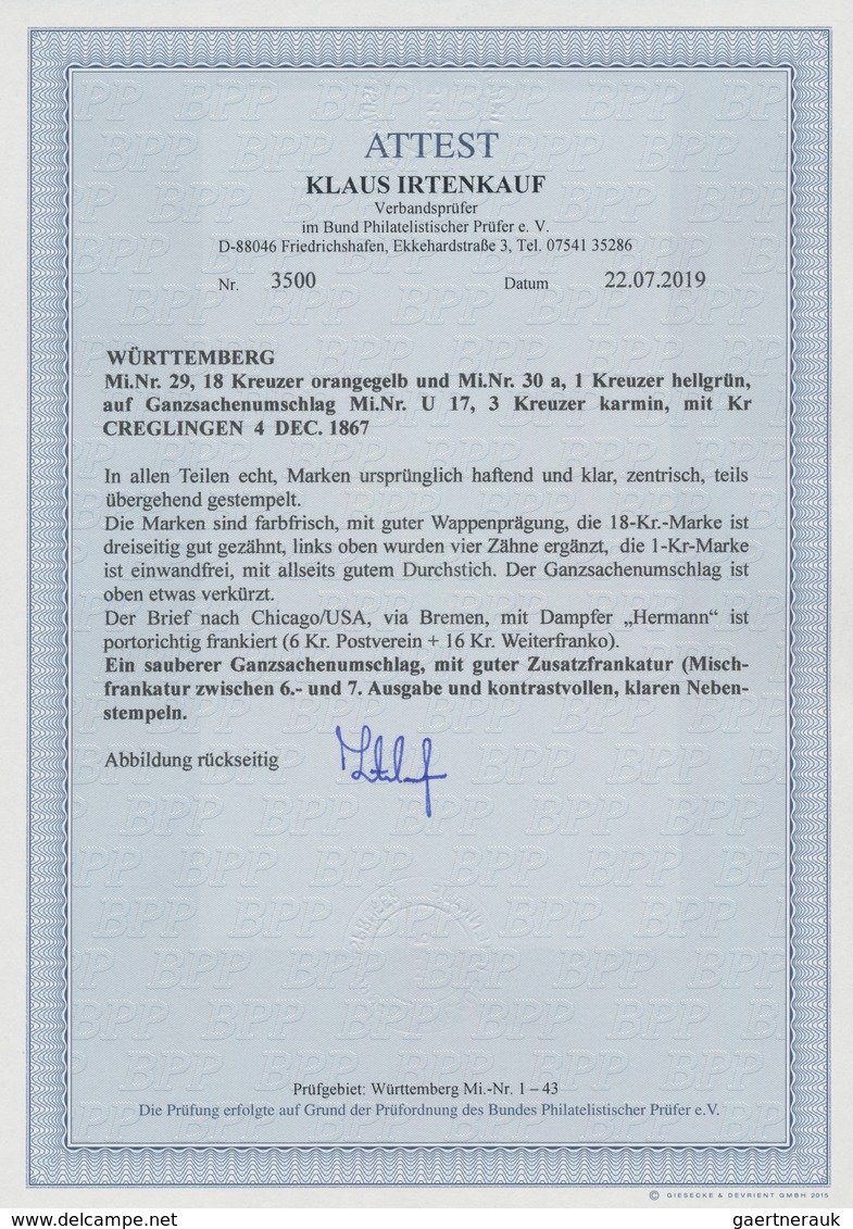 Württemberg - Marken Und Briefe: 1864/1865, 3 Kr Karmin Ganzsachenumschlag Mit Zfr 1 Kr Hellgrün, Du - Andere & Zonder Classificatie