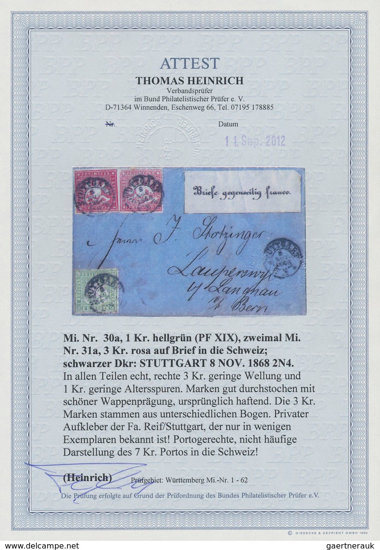 Württemberg - Marken Und Briefe: 1868, 1 Kreuzer Hellgrün Mit PLATTENFEHLER Und 2x 3 Kreuzer Rosa En - Andere & Zonder Classificatie