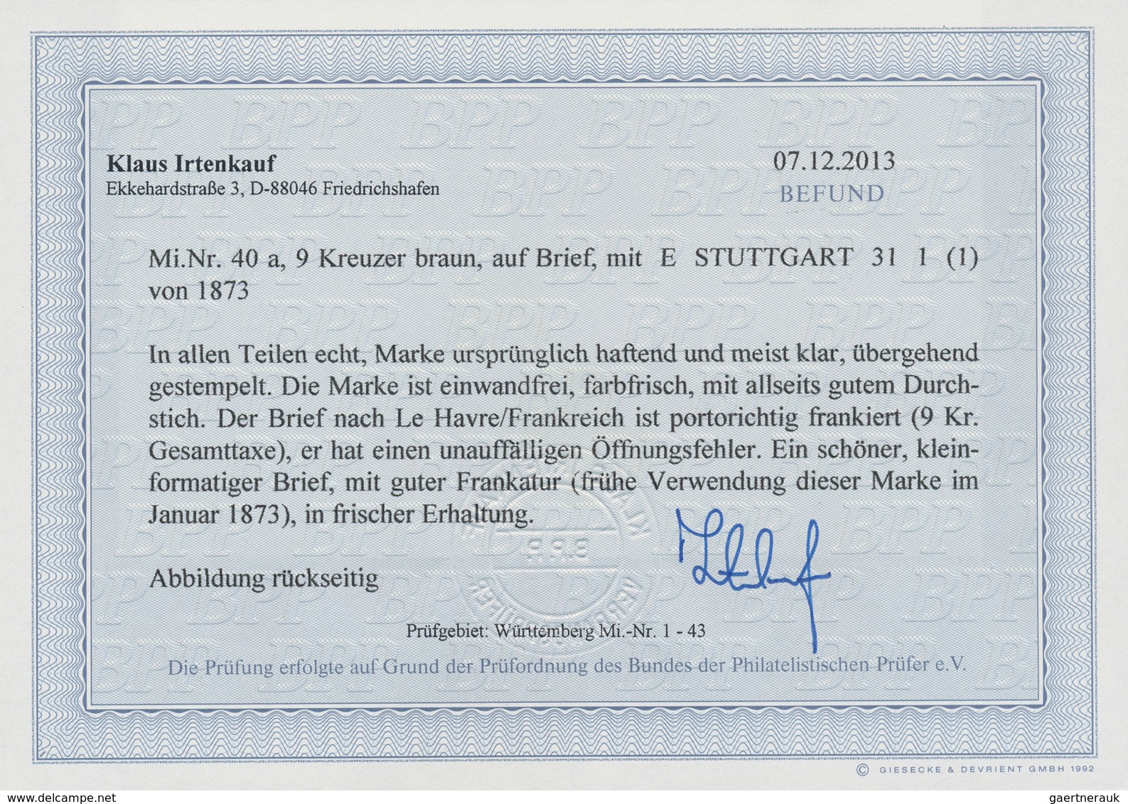 Württemberg - Marken Und Briefe: 1873, 9 Kreuzer Braun Auf Brief Mit K1 "STUTTGART 31 1 (1873)", Woh - Andere & Zonder Classificatie