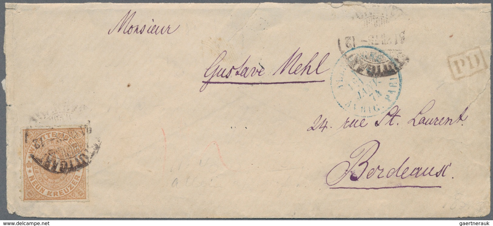 Württemberg - Marken Und Briefe: 1874, 9 Kreuzer Hellbraun EF Auf Brief Von Stuttgart Nach Bordeaux, - Andere & Zonder Classificatie