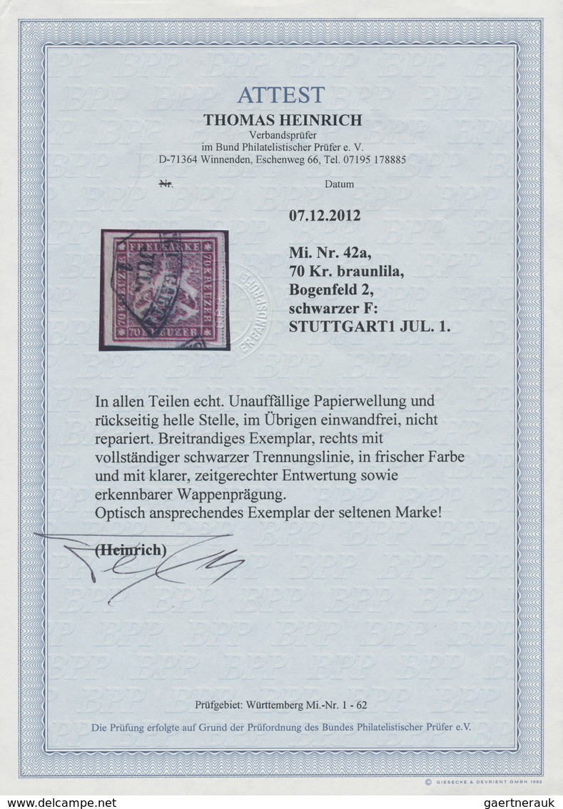 Württemberg - Marken Und Briefe: 1873, 70 Kr. Wappen Braunlila, Erste Auflage Mit Einfachen Linien U - Andere & Zonder Classificatie