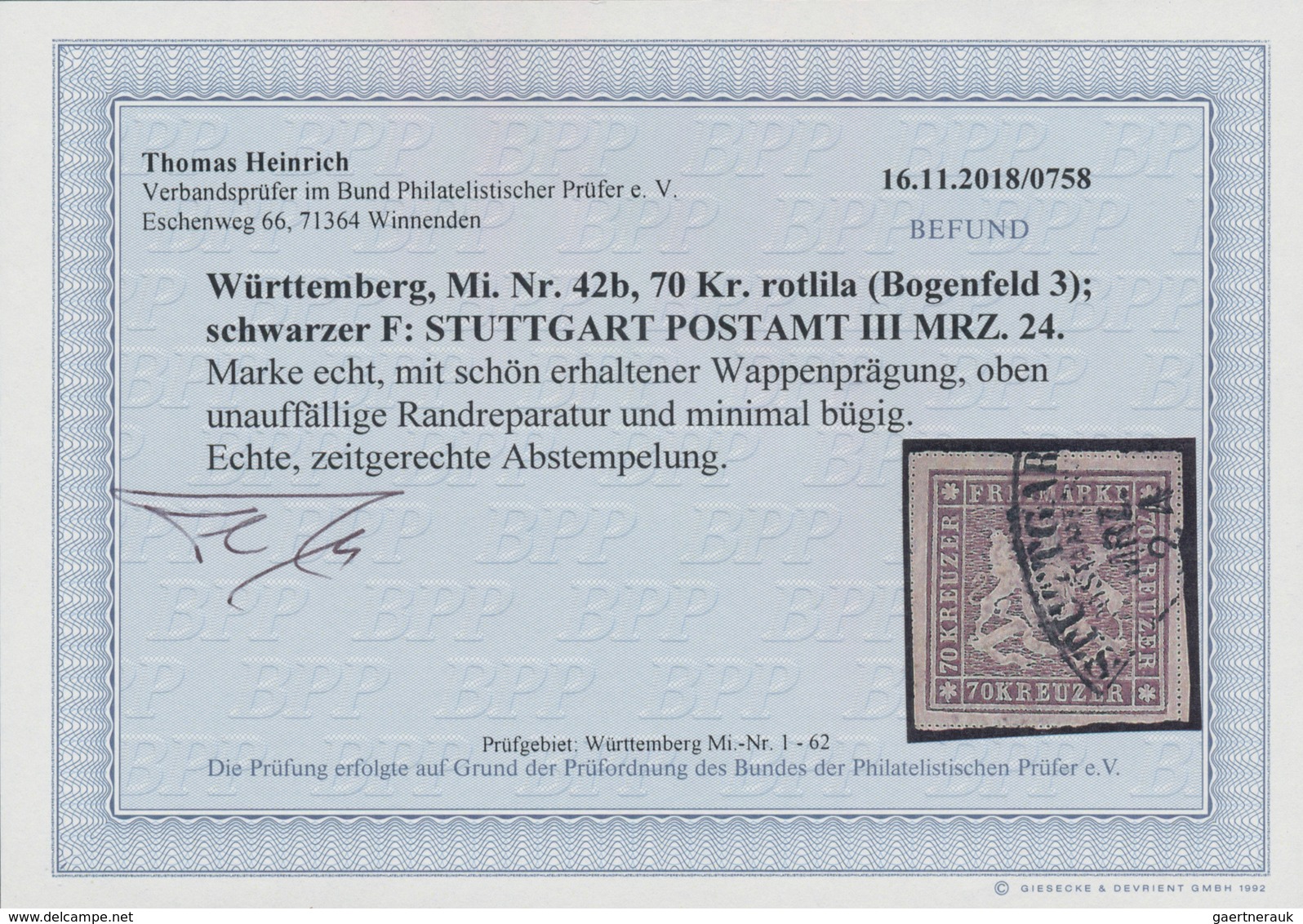 Württemberg - Marken Und Briefe: 1873, Wappen 70 Kreuzer Rotlila Mit Doppelten Linien Und Fächerstem - Andere & Zonder Classificatie