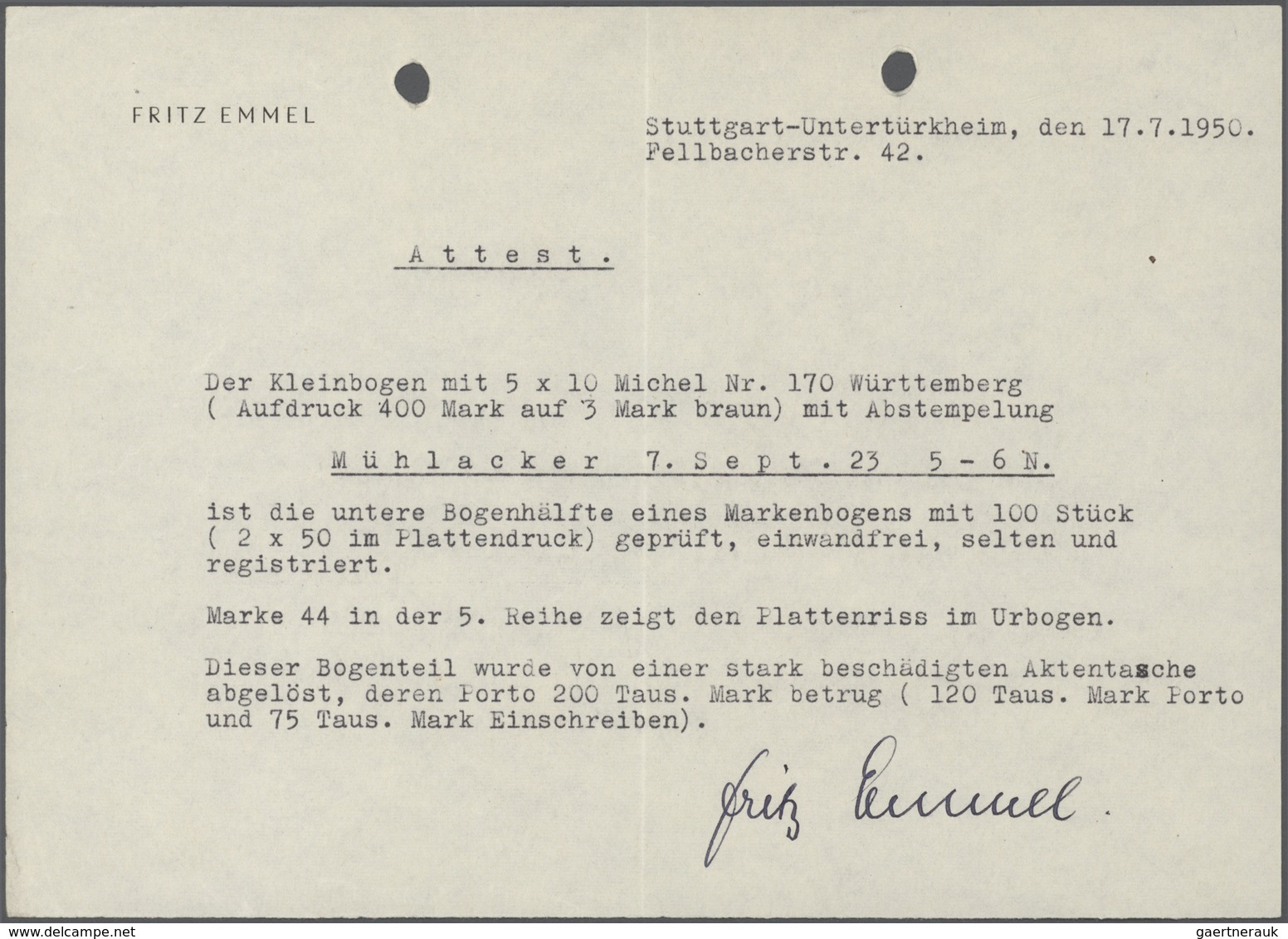 Württemberg - Marken Und Briefe: 1922, 400 M. Aufdruckausgabe Als Kompletter Unterer Halbbogen Zu 50 - Andere & Zonder Classificatie