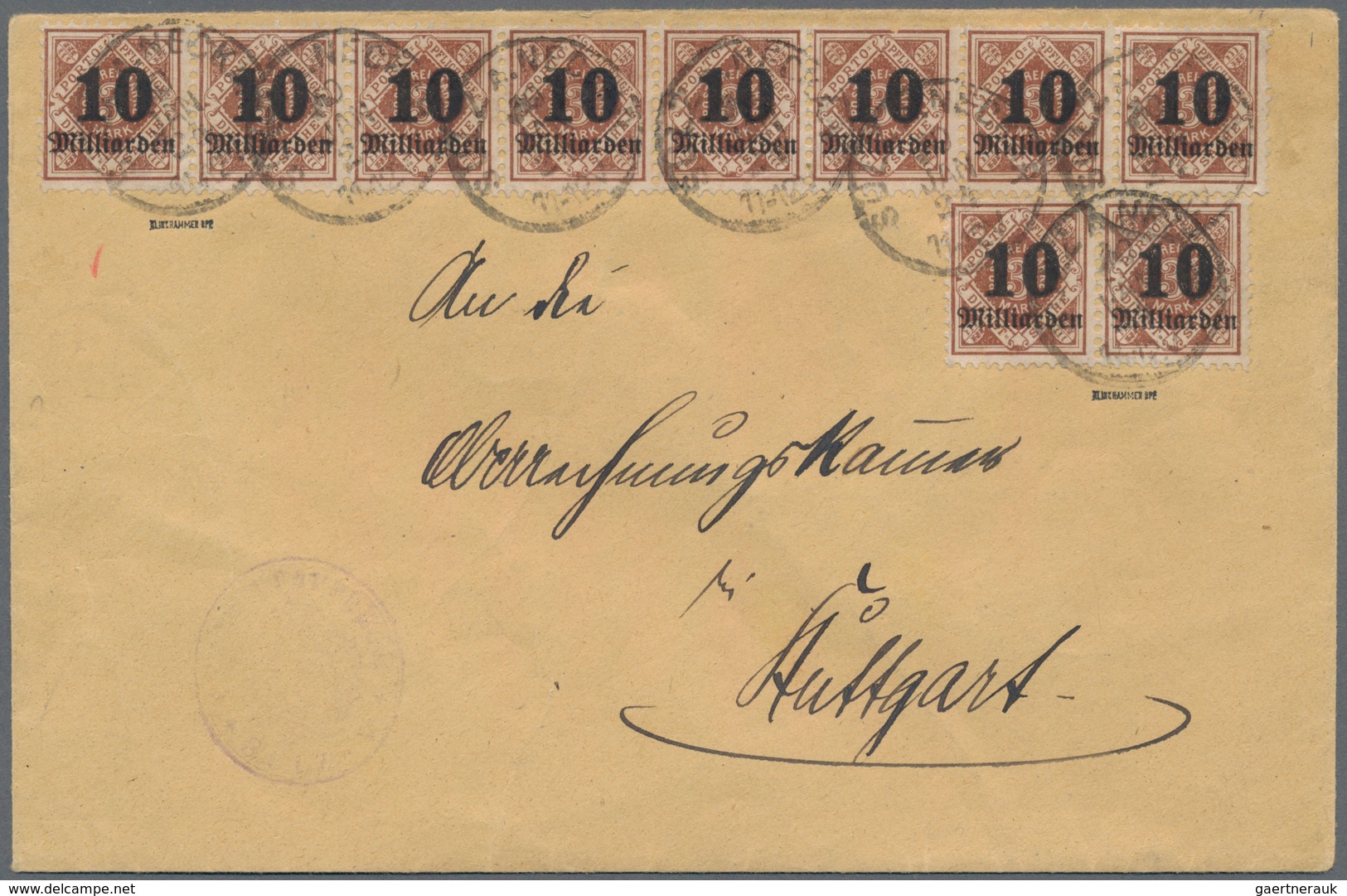 Württemberg - Marken Und Briefe: 1923, 10 X 10 Mrd M Auf 3 M Dkl'gelbbraun, Späte Portogerechte MeF - Andere & Zonder Classificatie