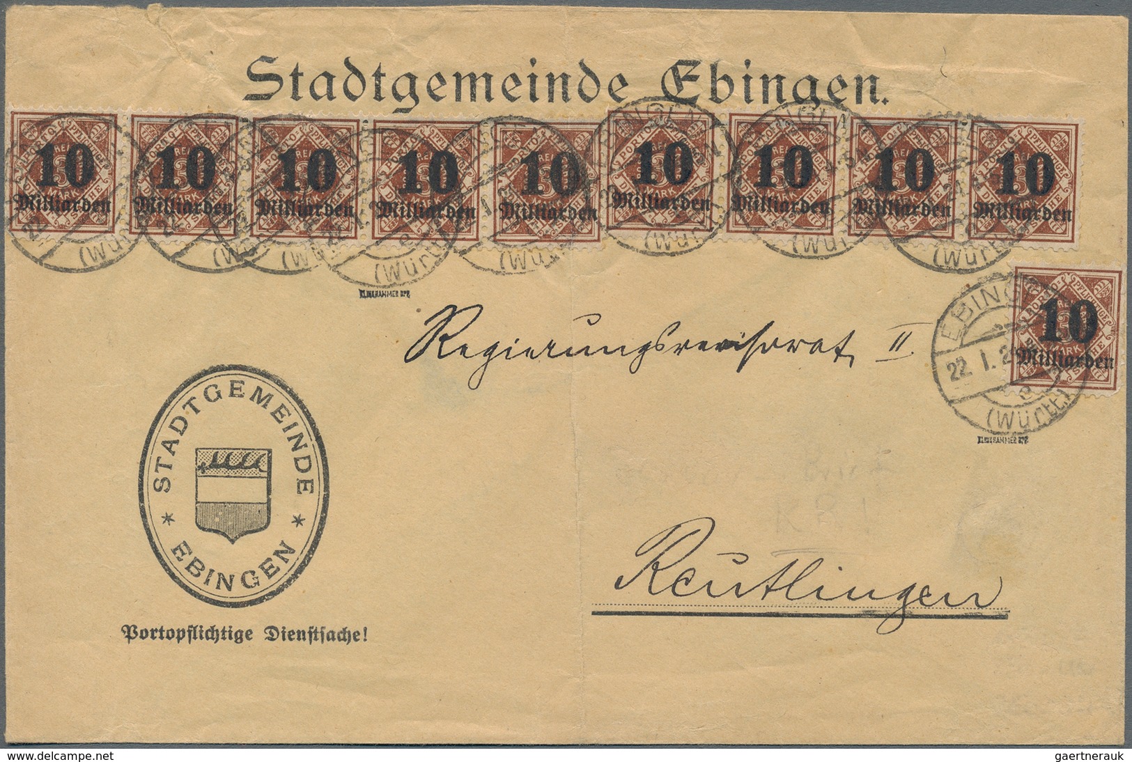 Württemberg - Marken Und Briefe: 1924, 10x 10 Milliarden Aufdruckwerte Als Seltene MeF Auf Brief Von - Altri & Non Classificati