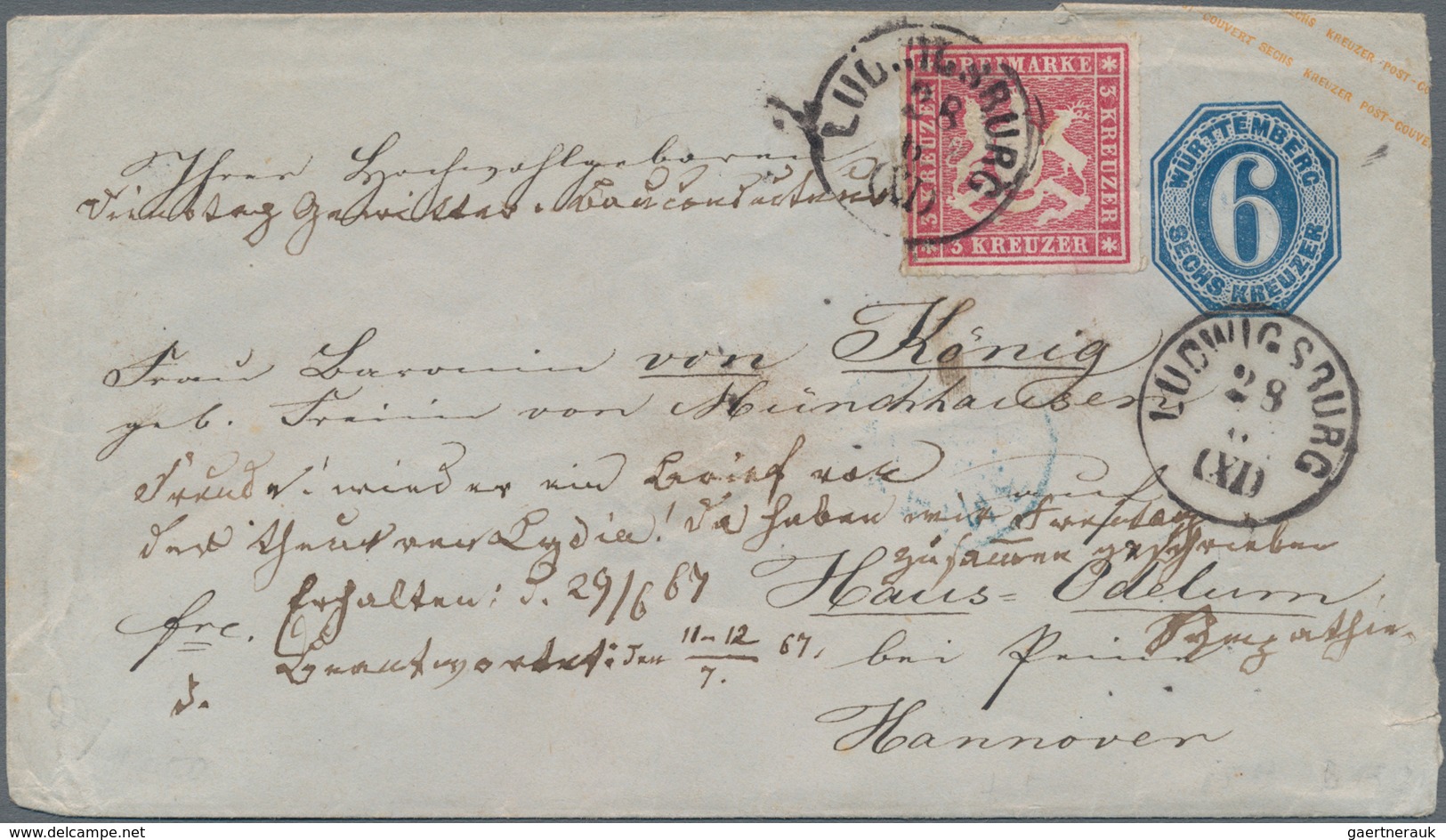 Württemberg - Ganzsachen: 1863/1867, 6 Kr Blau Ganzsachenumschlag (U 18) Mit Zfr. 3 Kr Karmin Von LU - Altri & Non Classificati