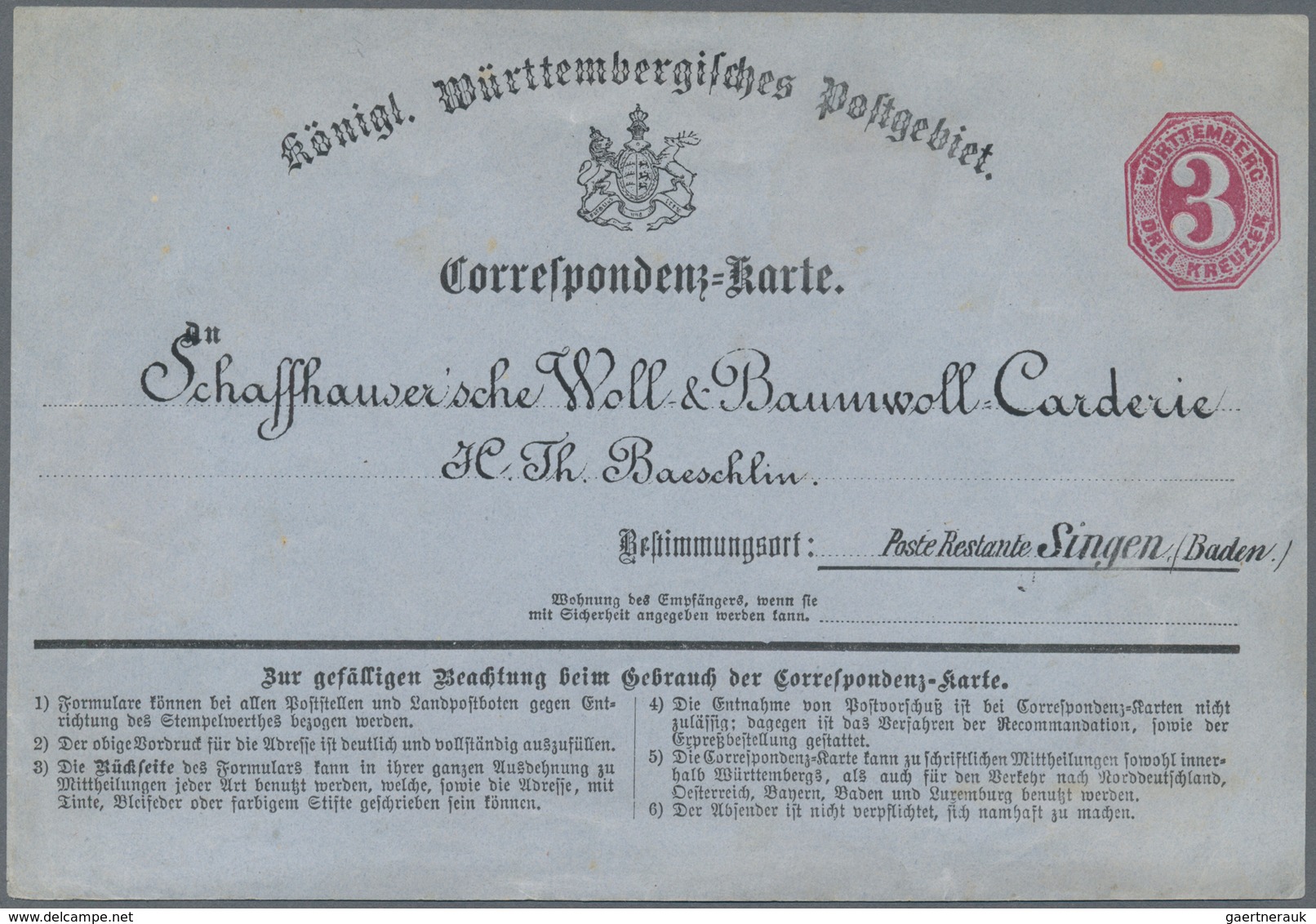 Württemberg - Ganzsachen: 1870/74, 3 Kr. Correspondenz-Karte Mit Adressvordruck Und Rücks. Zeilenvor - Andere & Zonder Classificatie