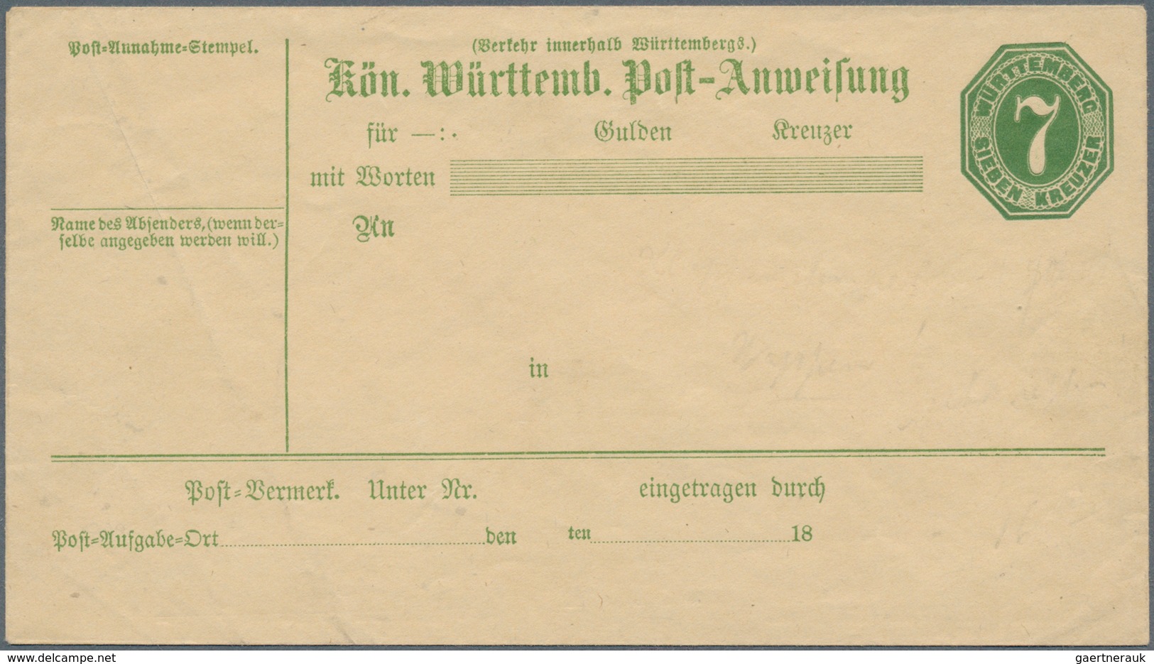 Württemberg - Ganzsachen: 1873. Postanweisungs-Umschlag 7 Kr Grün In Der SELTENEN Type II Mit Klappe - Andere & Zonder Classificatie