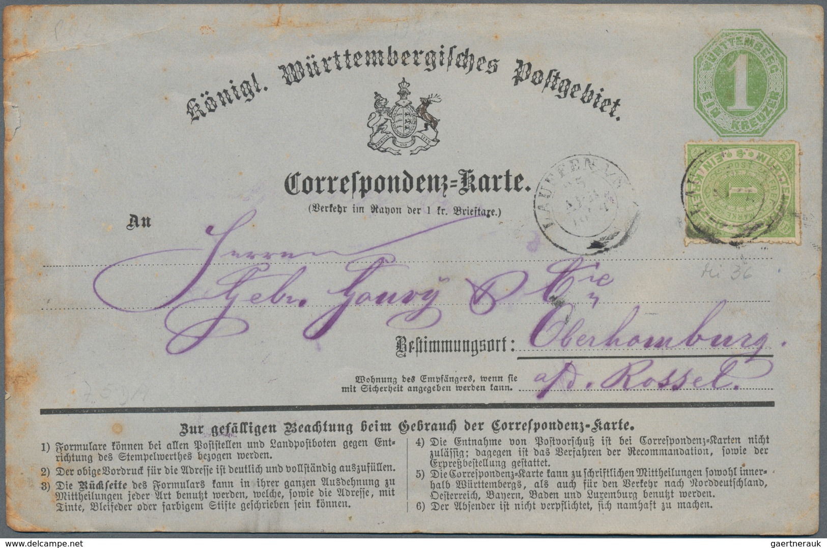 Württemberg - Ganzsachen: 1874-1902 Drei Bessere Ganzsachen, Dabei Correspondenz-Karte Zu 1 Kr. Von - Sonstige & Ohne Zuordnung