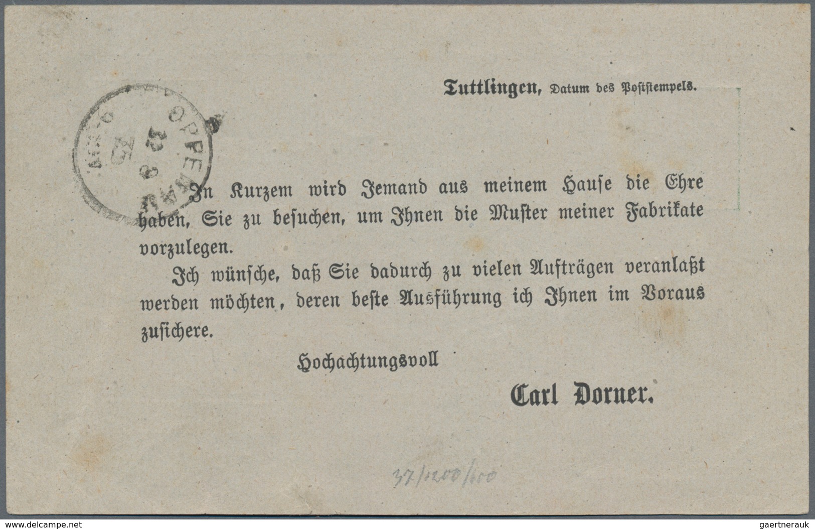 Württemberg - Ganzsachen: 1875, 3 Pf Grün Auf 1 Kreuzer "Druck-Sache" Grün Entwertet Mit DKr TUTTLIN - Andere & Zonder Classificatie