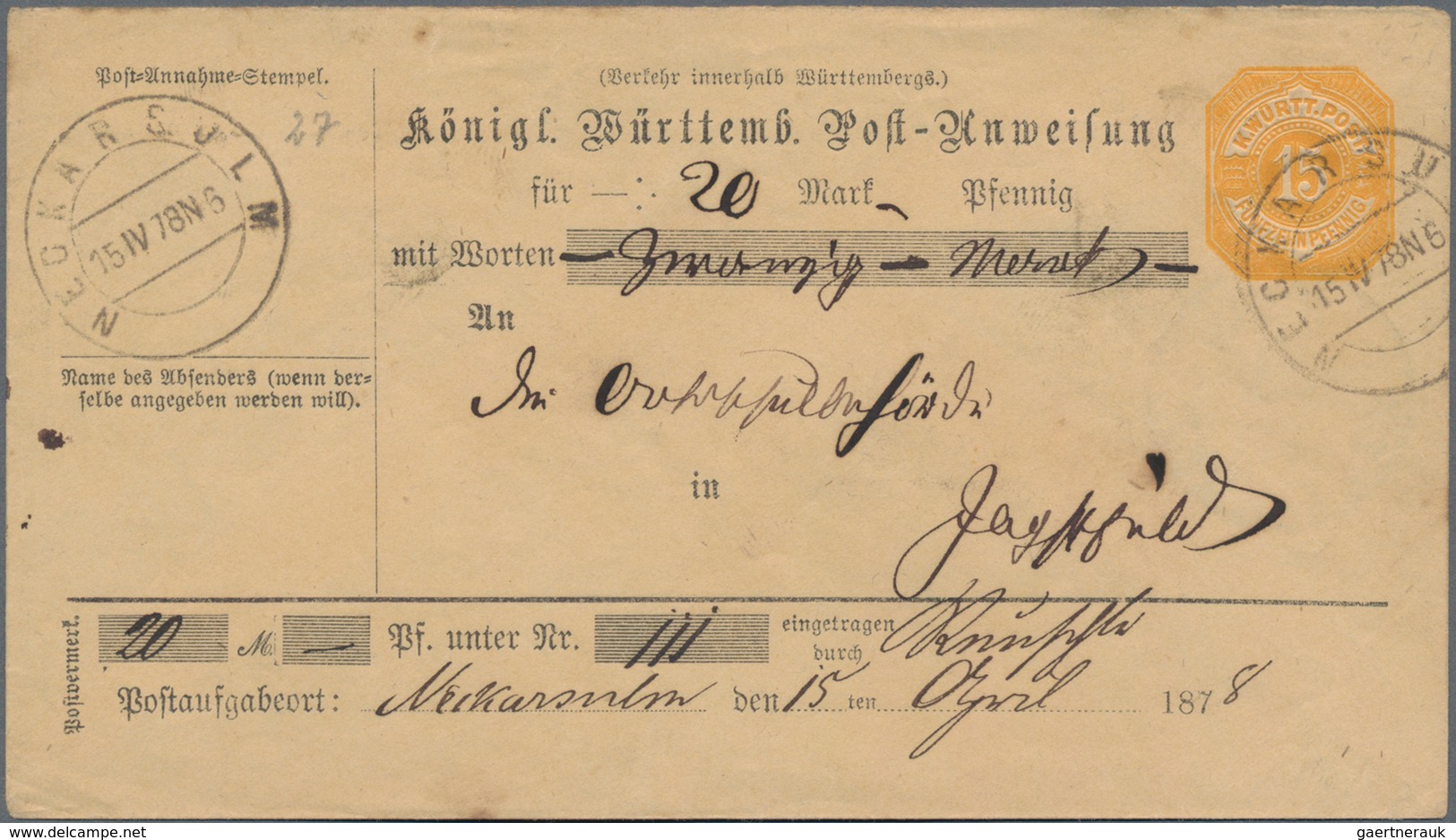 Württemberg - Ganzsachen: 1878, 15 Pf Gelb Post-Anweisungs-Ganzsachenumschlag Entwertet Mit Seltenem - Andere & Zonder Classificatie