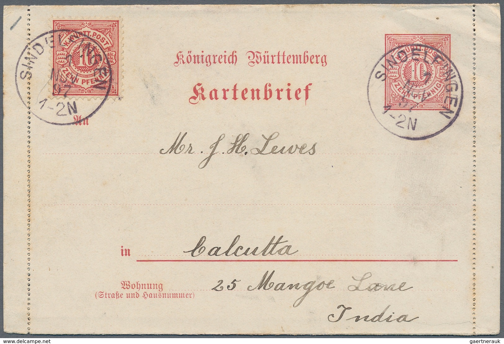 Württemberg - Ganzsachen: 1897, 10 Pfg.-Kartenbrief Mit Rand(!) Portorichtig Mit 10 Pfg. ZuF Ab Sind - Andere & Zonder Classificatie