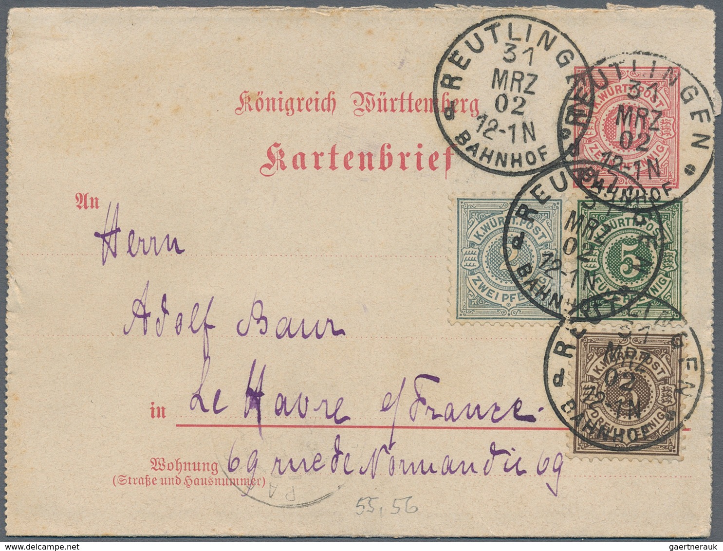 Württemberg - Ganzsachen: 1901/02, 10 Pfg.-Kartenbrief, 2 Stück Je Als 4-Farben-Frankatur Portoricht - Andere & Zonder Classificatie