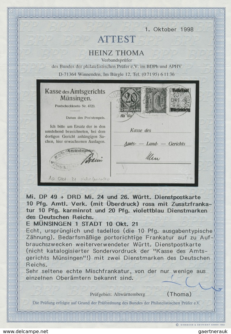 Württemberg - Ganzsachen: 1921, 10 Pf Karminrot Dienst-PK (Aufbrauch) Mit Zusatzfrankatur Dt. Reich- - Andere & Zonder Classificatie