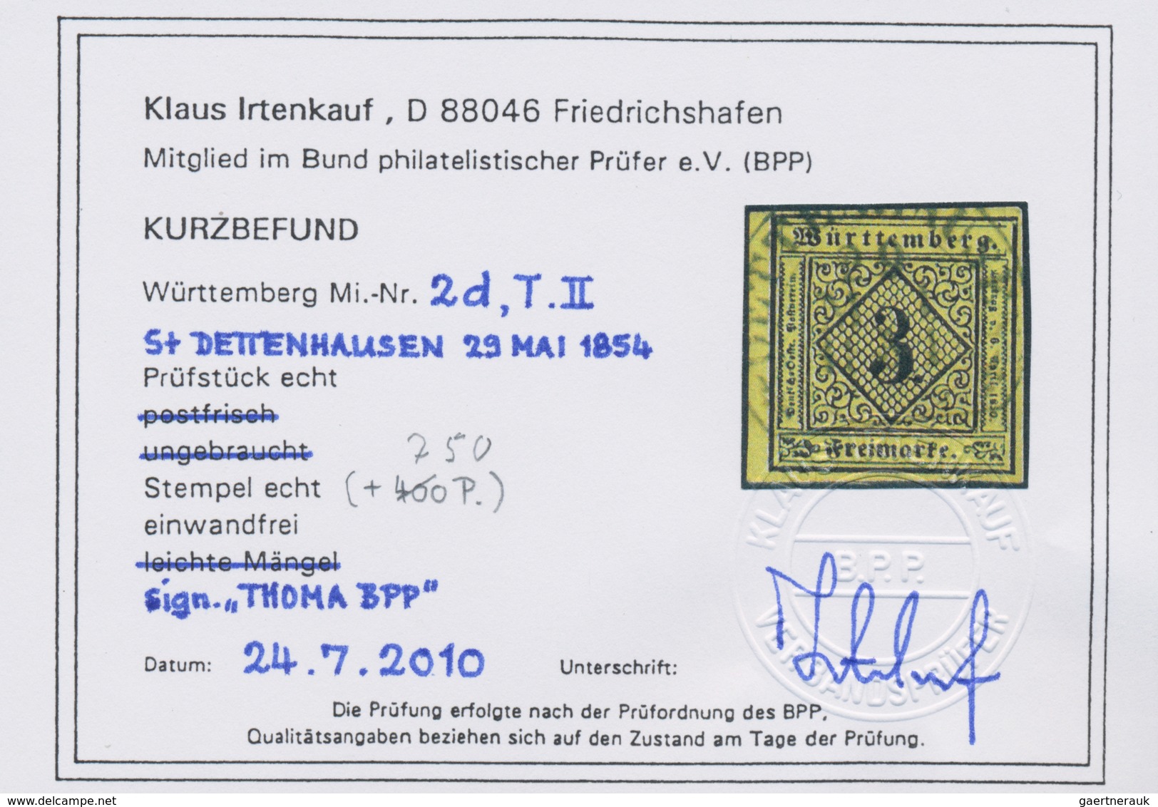 Württemberg - Steigbügelstempel: DETTENAUSEN 29 MAI 1854, Sauber Und Zentrisch Auf 3 Kr. Gelb Breitr - Andere & Zonder Classificatie