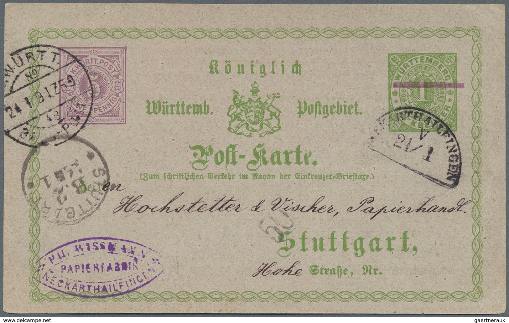 Württemberg - Bahnpost: NECKARTHAILFINGEN V 21/1 (1891) Auf Privat-GA-Karte 5 Pf. Lilarot Neben 1 Kr - Andere & Zonder Classificatie