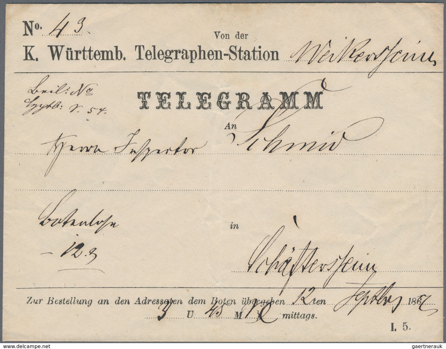 Württemberg - Besonderheiten: 1864, Telegramm, Vordruck-Umschlag Der K.Württemb. Telegraphen-Station - Altri & Non Classificati