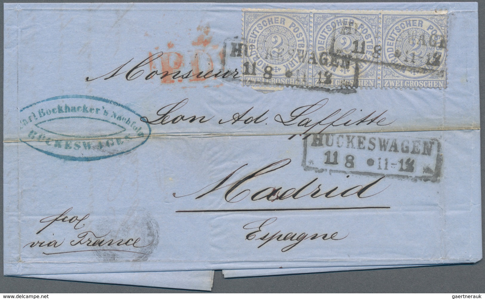 Norddeutscher Bund - Marken Und Briefe: 1871, 2 Gr. Blau Im Dreierstreifen Auf Brief Ab Hückeswagen - Andere & Zonder Classificatie