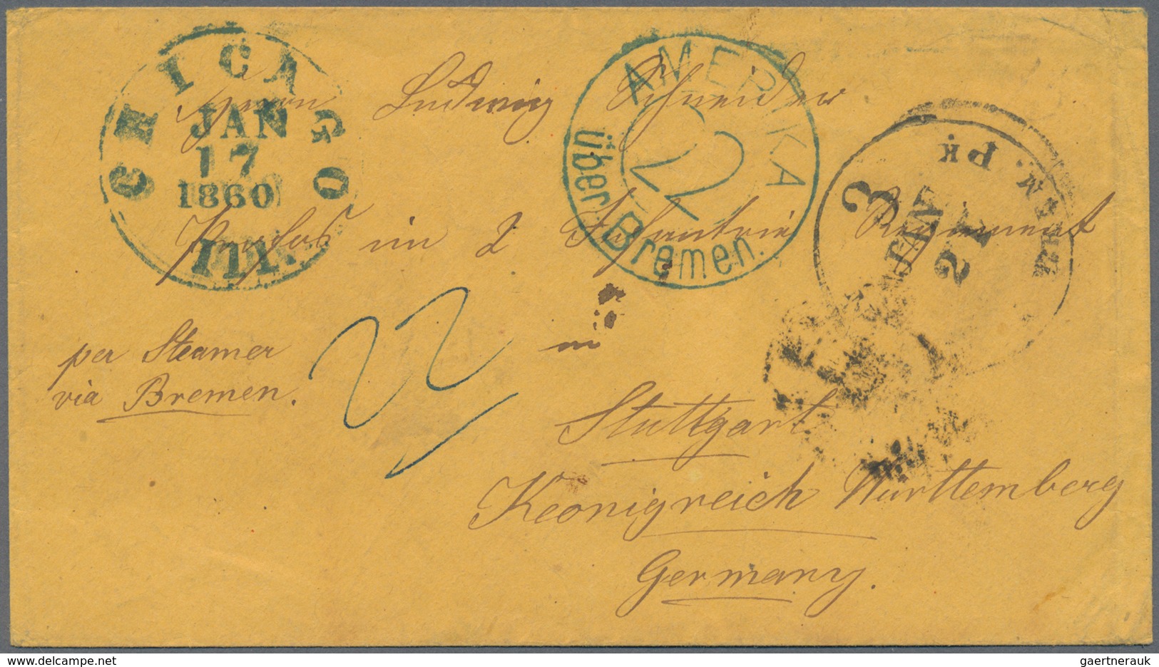 Transatlantikmail: 1860, Envelope From "CHICAGO ILL. JAN 17 1860" Addressed To Stuttgart "per Steame - Altri - Europa