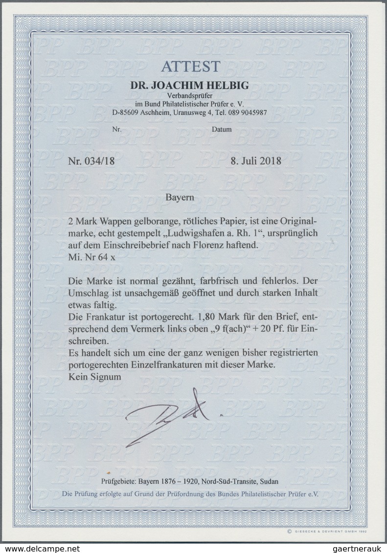 Bayern - Marken und Briefe: Bayern Pfennigzeit  1) 1890, 2 Mark gelborange auf rötlichem Papier als