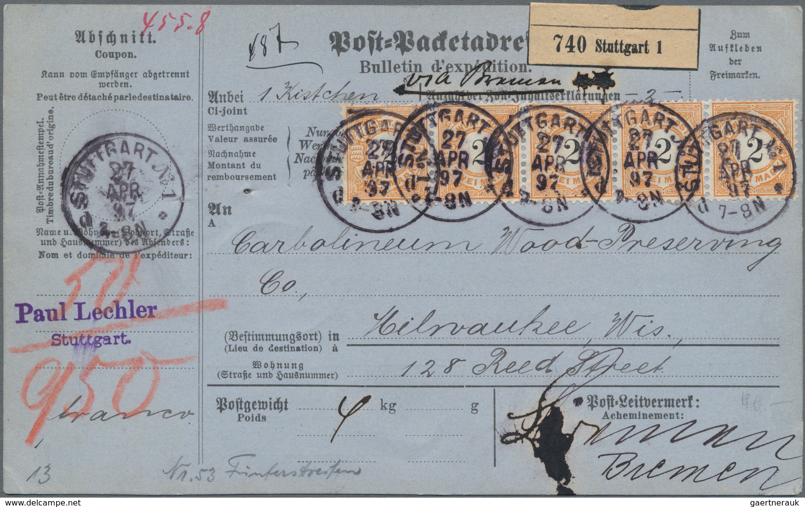 Württemberg - Marken Und Briefe: Aus Württemberg Pfennigzeit: 1) 1891, 2 Mark Dunkelgelblichorange/s - Andere & Zonder Classificatie
