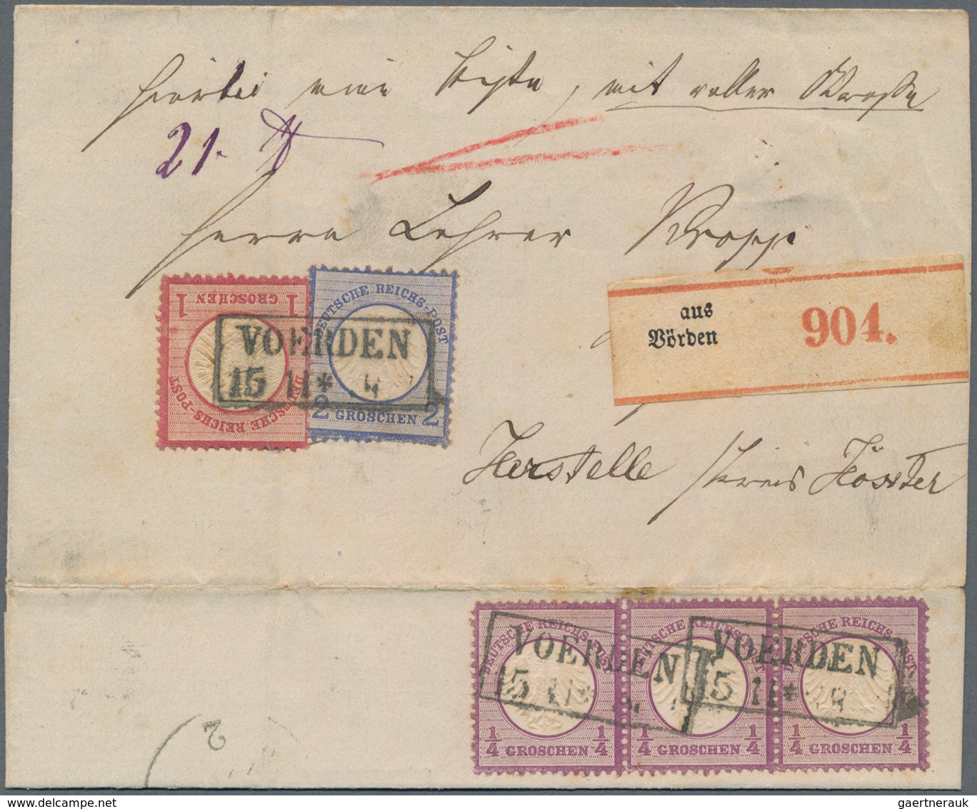 Deutsches Reich - Brustschild: 1872, Kl. Schild 3x ¼ Gr U. 2 Gr. Sowie Gr. Schild 1 Gr Auf Paketbegl - Storia Postale