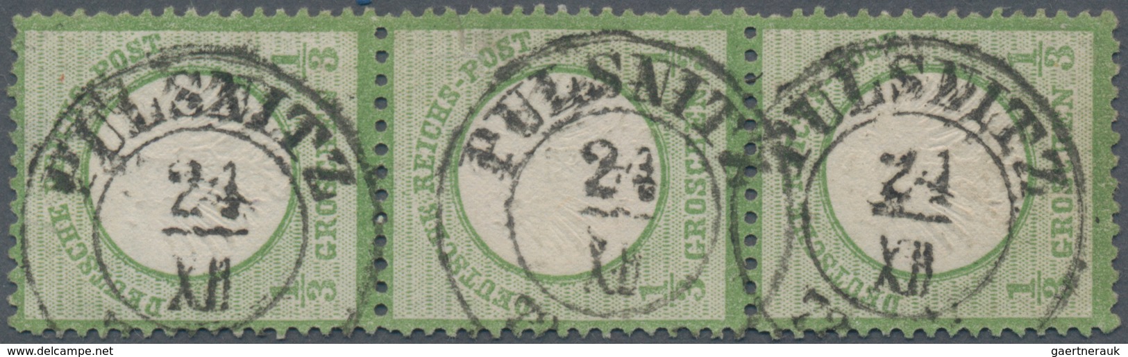 Deutsches Reich - Brustschild: 1872, Kleiner Schild 1/3 Gr Hellgrün Im Dreiersteifen Mit K2 "PULSNIT - Storia Postale