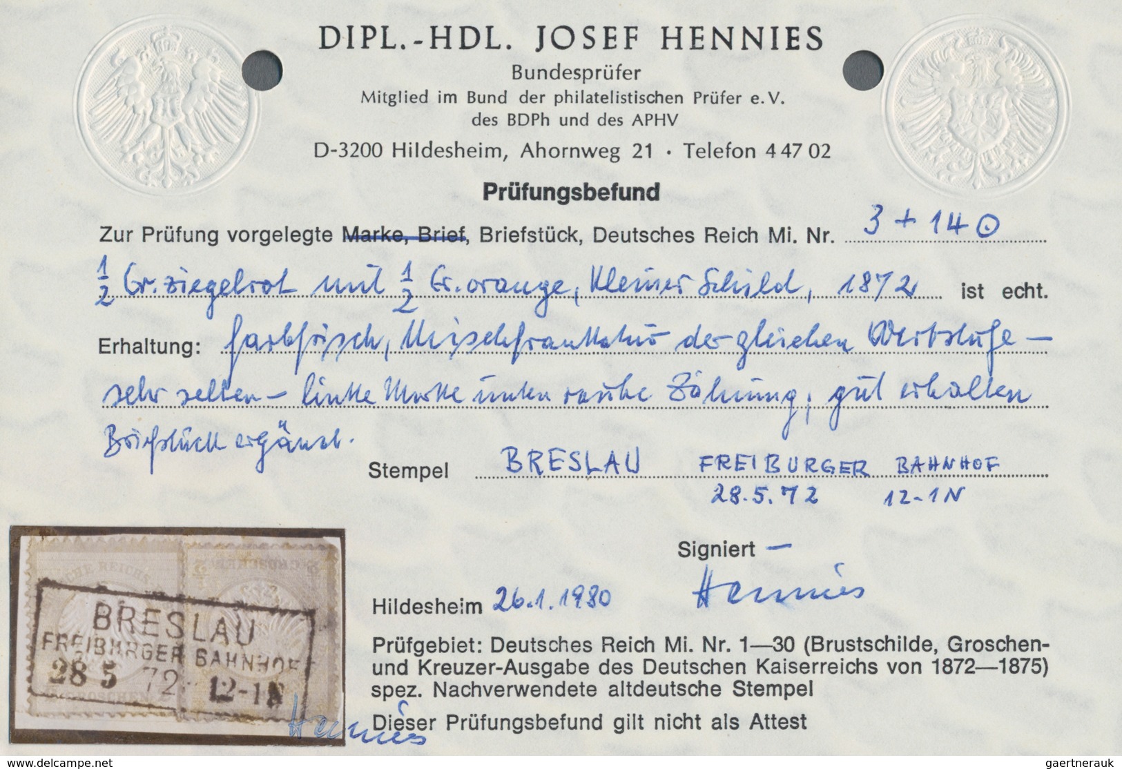 Deutsches Reich - Brustschild: 1872, Kleiner Schild ½ Gr Ziegelrot Und ½ Gr. Orangegelb Als Wertstuf - Storia Postale