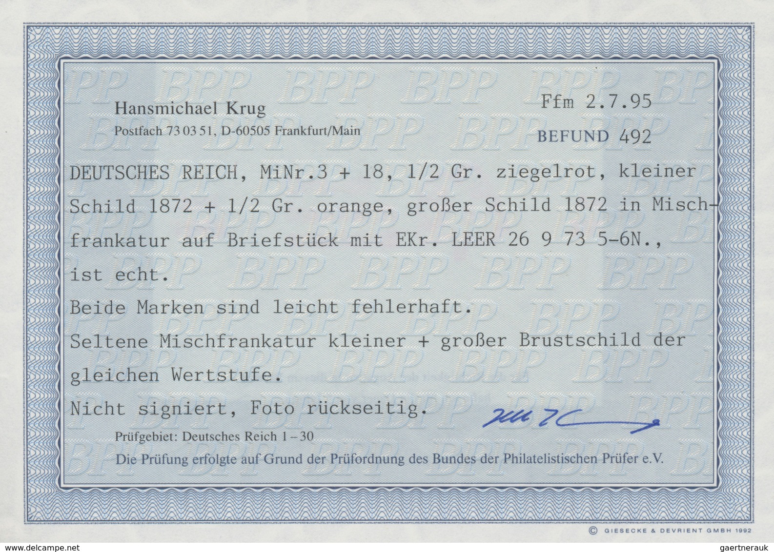 Deutsches Reich - Brustschild: 1872, Kleiner Schild ½ Gr Ziegelrot + Großer Schild ½ Gr Orange Auf B - Brieven En Documenten