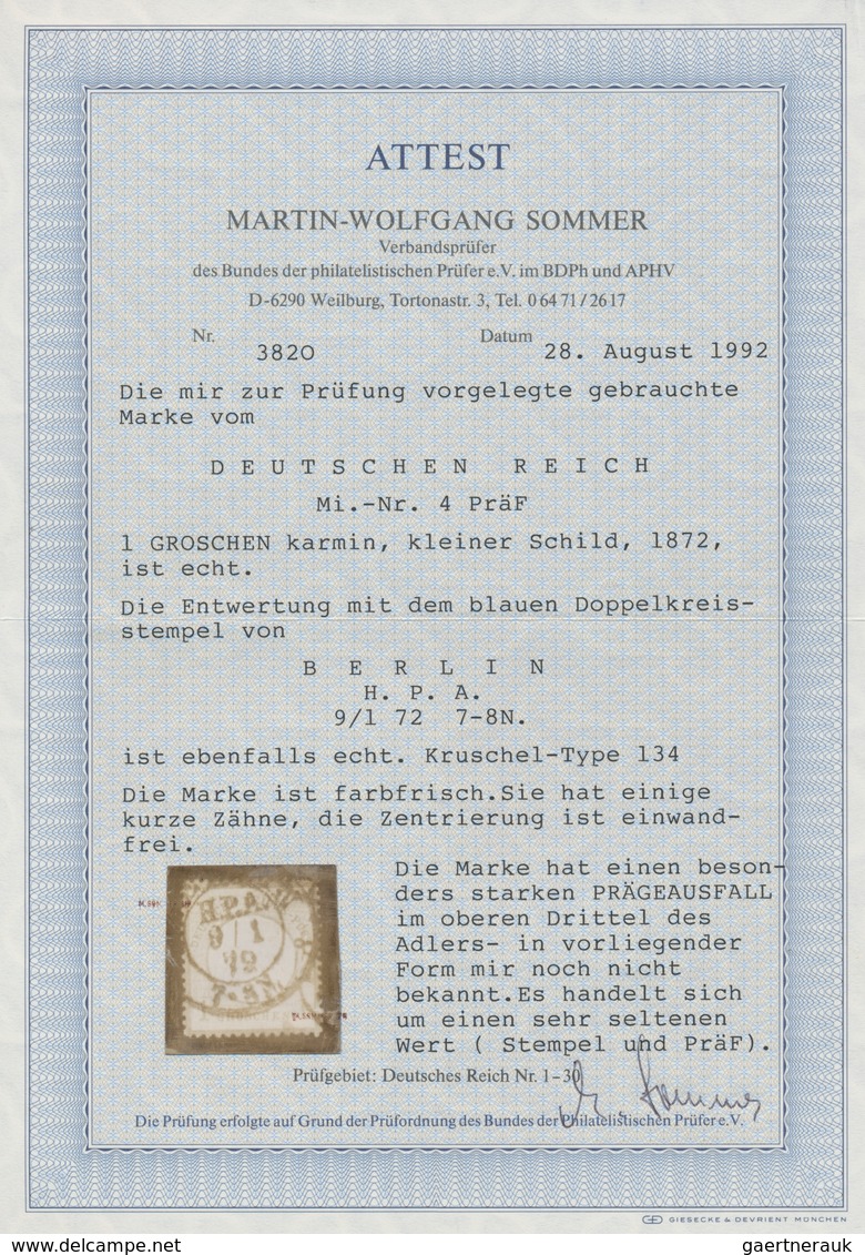 Deutsches Reich - Brustschild: 1872, Kleiner Schild 1 Gr. Mit Prägeausfall Und Extrem Seltenen Blaue - Brieven En Documenten