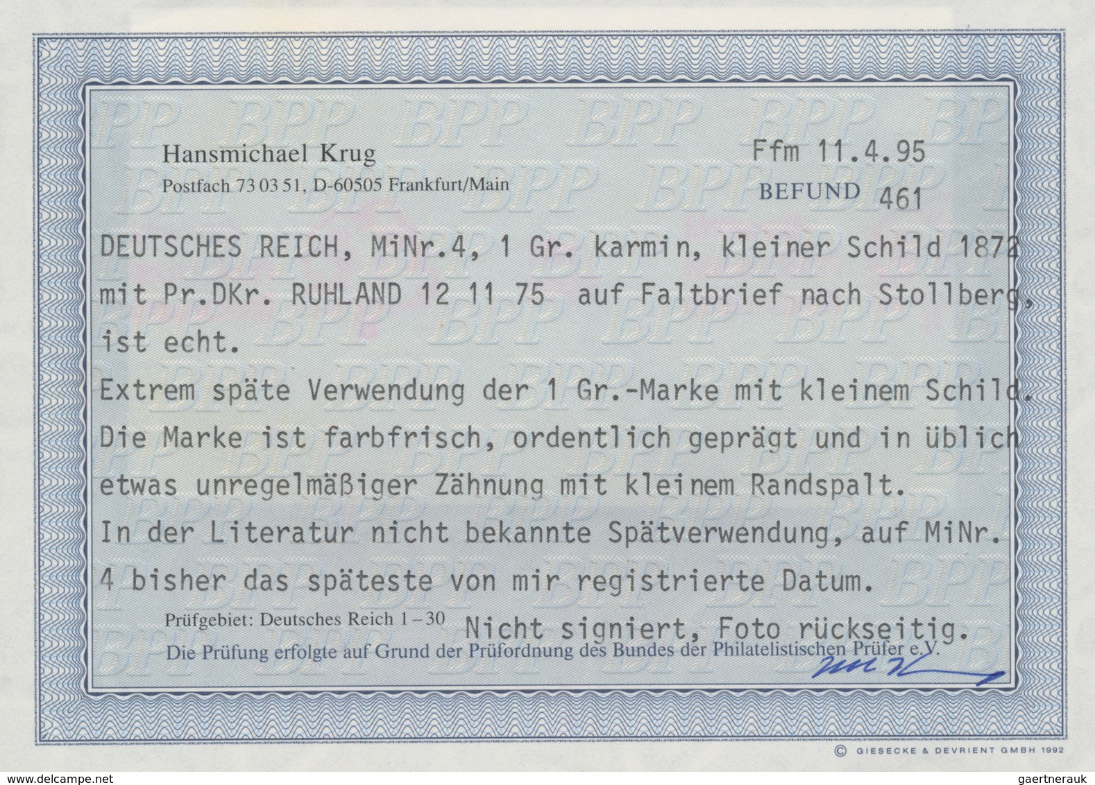 Deutsches Reich - Brustschild: 1872, Kl. Schild 1 Gr. Auf Brief Von "RUHLAND 12 11 75" SPÄTESTE BEKA - Storia Postale