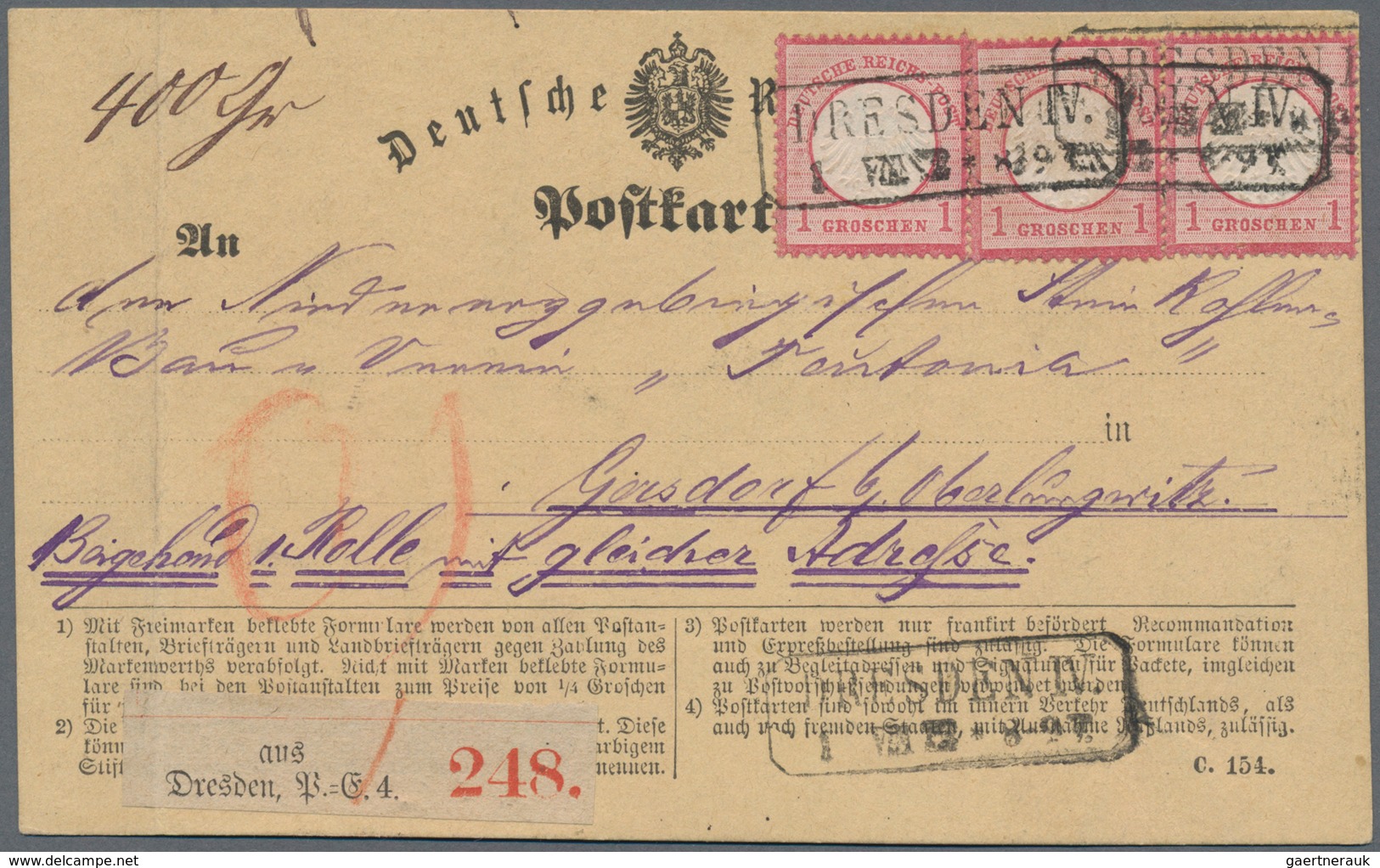 Deutsches Reich - Brustschild: 1872, 3 Stück 1 Groschen Karmin Kleiner Schild Entwertet Mit Ra2 DRES - Brieven En Documenten