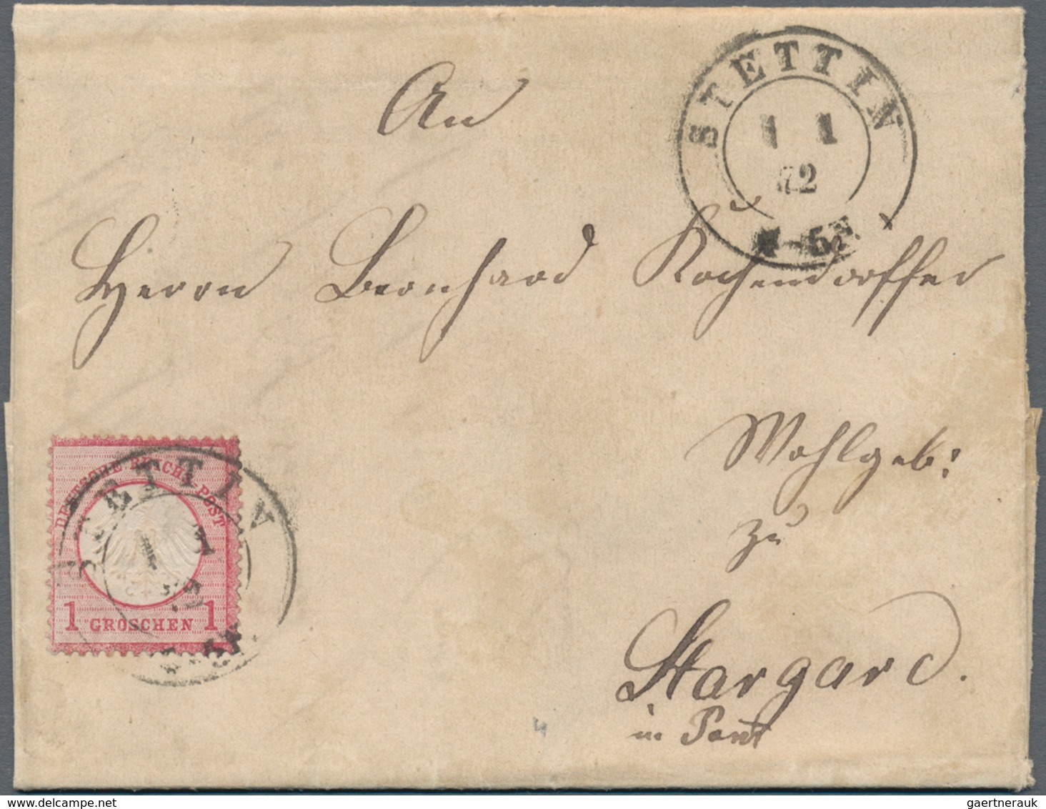 Deutsches Reich - Brustschild: 1872, Kleiner Schild 1 Gr. Karmin Auf ERSTTAGSBRIEF Von "STETTIN 1 1 - Storia Postale