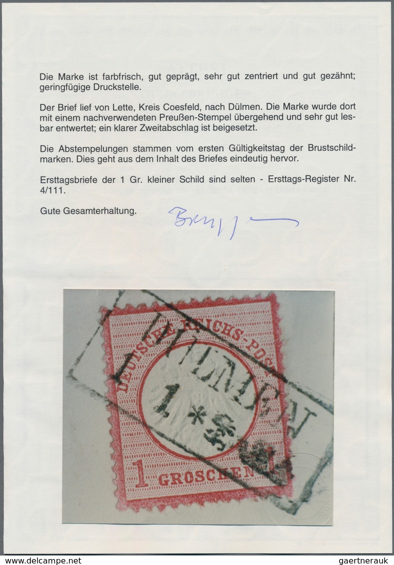 Deutsches Reich - Brustschild: 1872, ERSTTAGSBRIEF Kleiner Schild 1 Gr. Karmin, Farbfrisches Exempla - Storia Postale