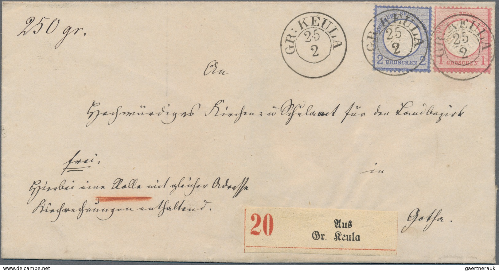 Deutsches Reich - Brustschild: 1872, Kleiner Schild 1 Gr Und 2 Gr. Mit Preussen-K2 "GR: KEULA 10/2" - Storia Postale