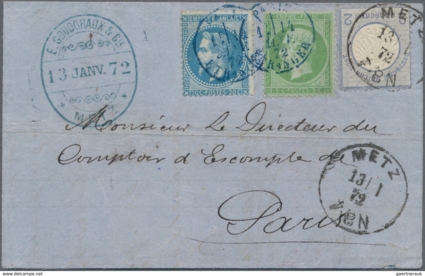 Deutsches Reich - Brustschild: 1872, Kleiner Schild 2 Gr. Blau Und Frankreich Mit Napoleon 5 C Grün - Storia Postale