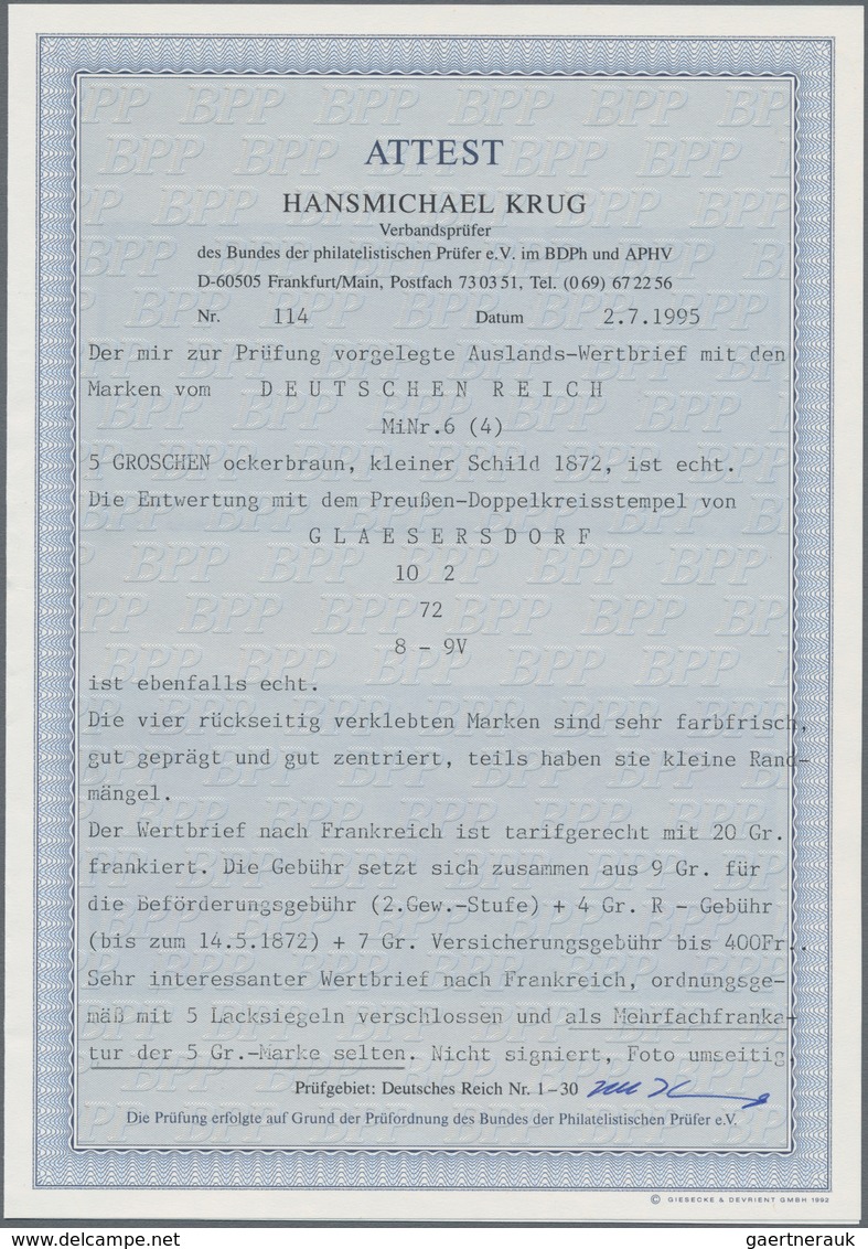 Deutsches Reich - Brustschild: 1872, AUSLANDSWERTBRIEF MIT MEHRFACHFRANKATUR: Kleiner Schild 5 Gr. O - Storia Postale