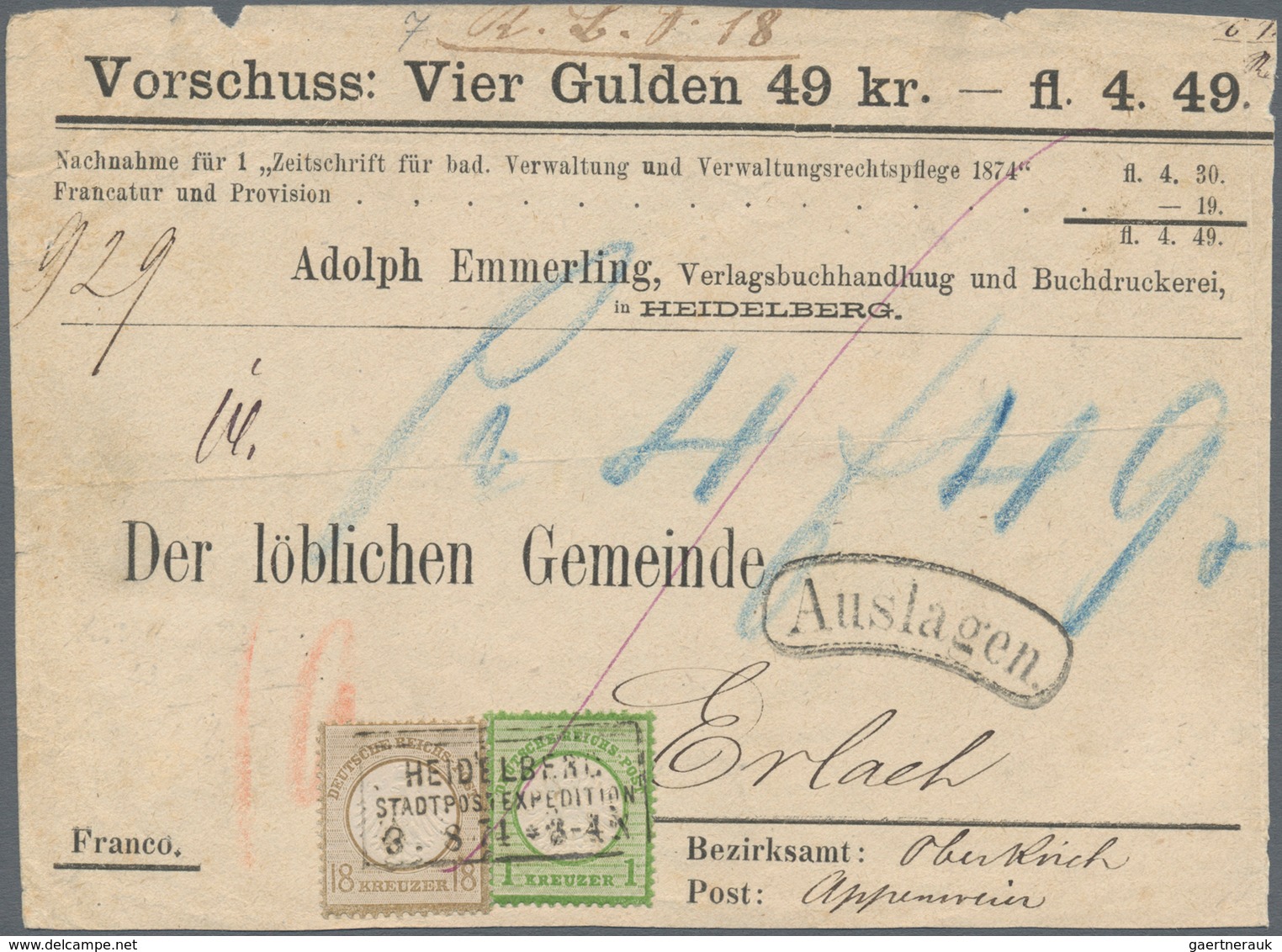 Deutsches Reich - Brustschild: 1872, Kleiner Schild 18 Kr. Und Großer Schild 1 Kr. Auf Auslagen-Vord - Storia Postale