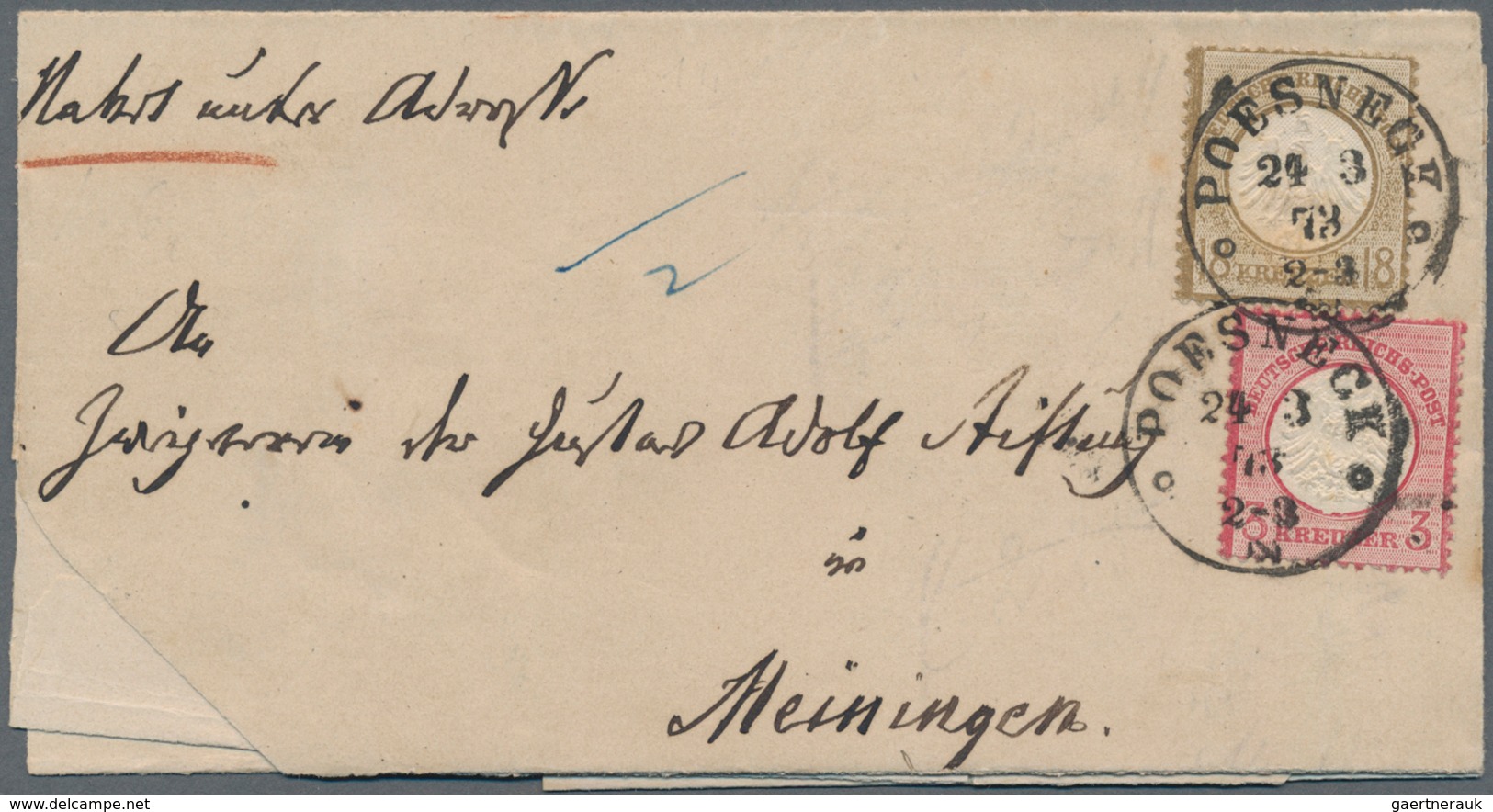 Deutsches Reich - Brustschild: 1872, Kleiner Schild 18 Kr. Graubraun Und Großer Schild 3 Kr. Karmin - Storia Postale