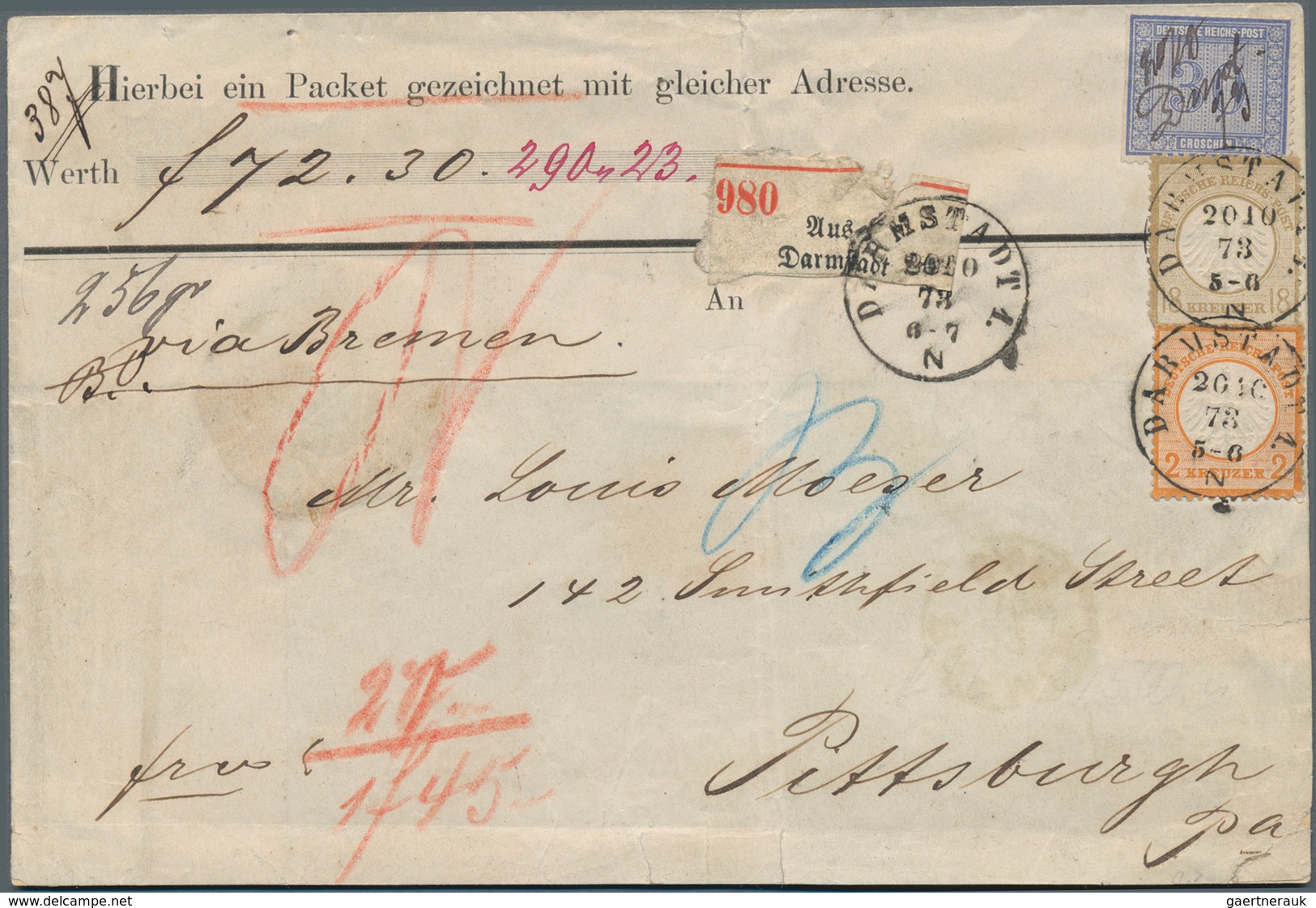 Deutsches Reich - Brustschild: 1873, ÜBERSEE-PAKET Mit Regulärer WÄHRUNGS-MISCHFRANKATUR Innendienst - Storia Postale
