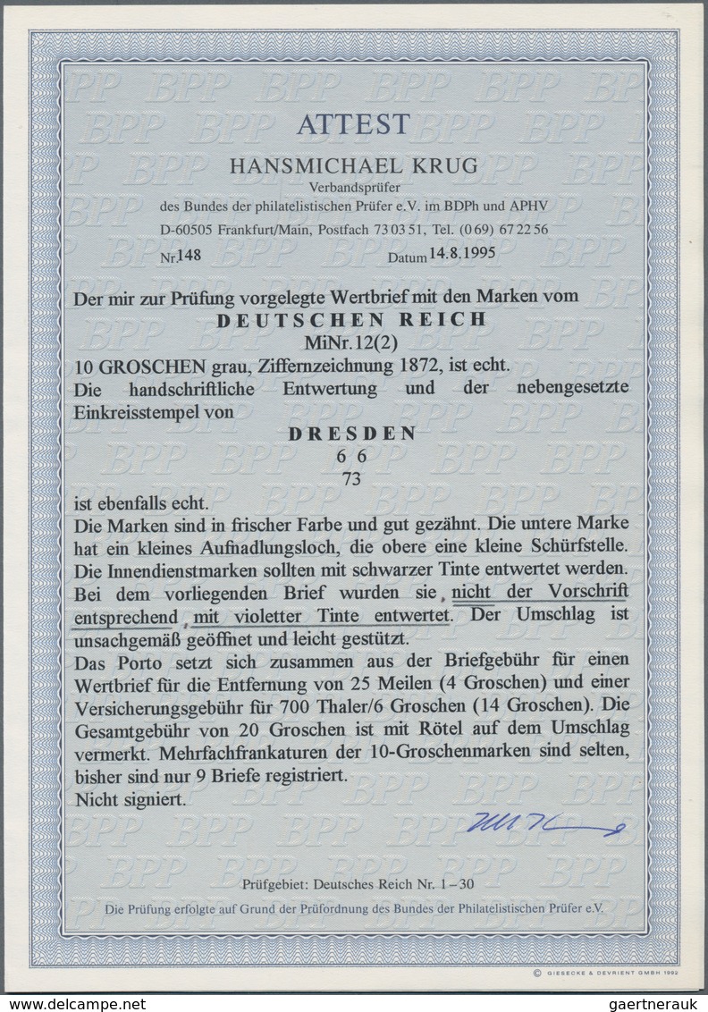 Deutsches Reich - Brustschild: 1873, MEHRFACHFRANKATUR Innendienstmarke 10 Gr. Grau, Zwei Werte Als - Storia Postale
