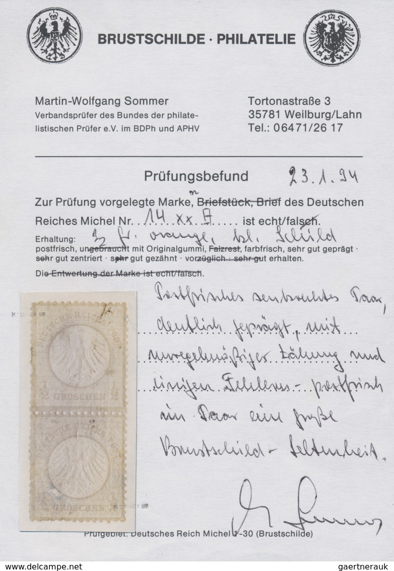 Deutsches Reich - Brustschild: 1872 Kleiner Schild ½ Gr. Farbänderung Orange Im POSTFRISCHEN PAAR Be - Storia Postale